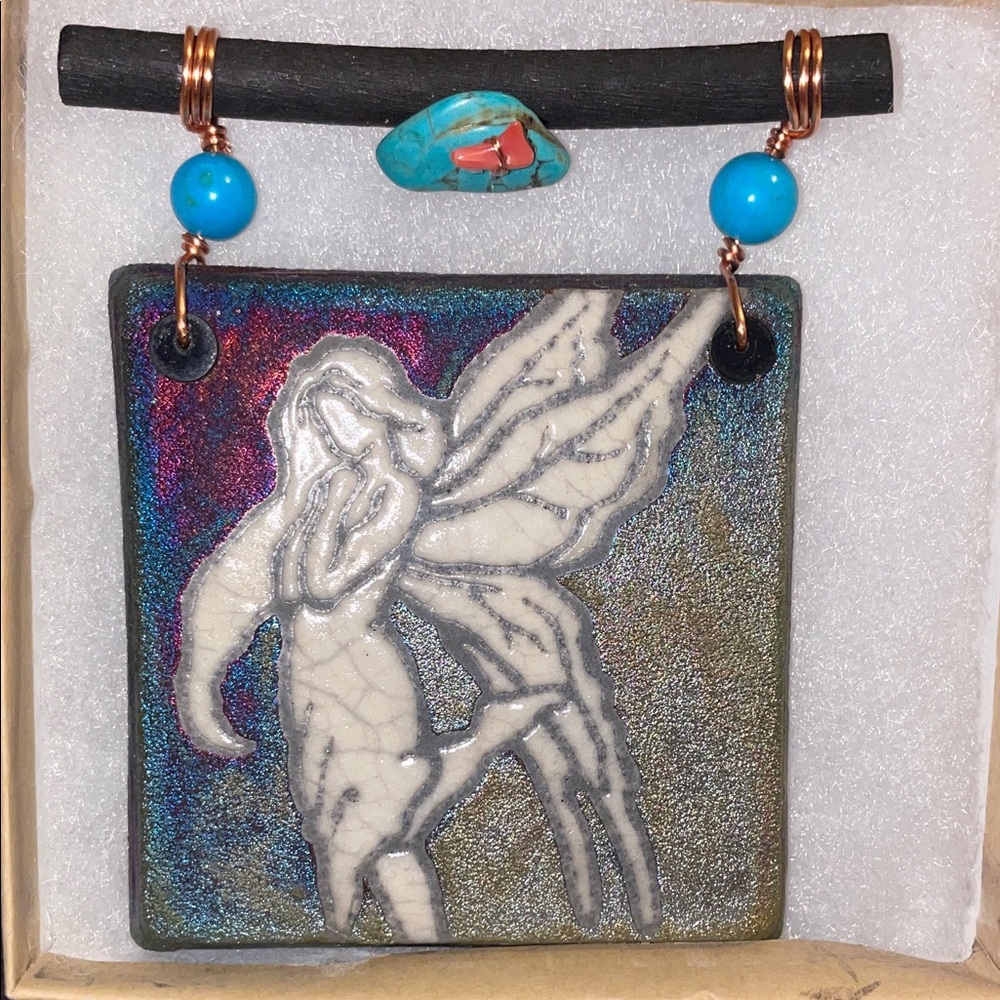 RARE antique Ceramic Dreamcatcher Wall Art with Blue turquoise beads coral stone